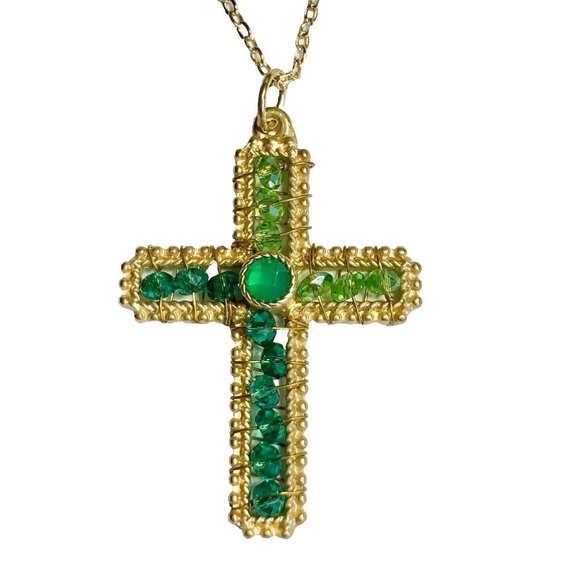 Vintage Gold Bead Cross Pendant Necklace Green Hand Beaded Plated 18" Christian - Picture 1 of 10